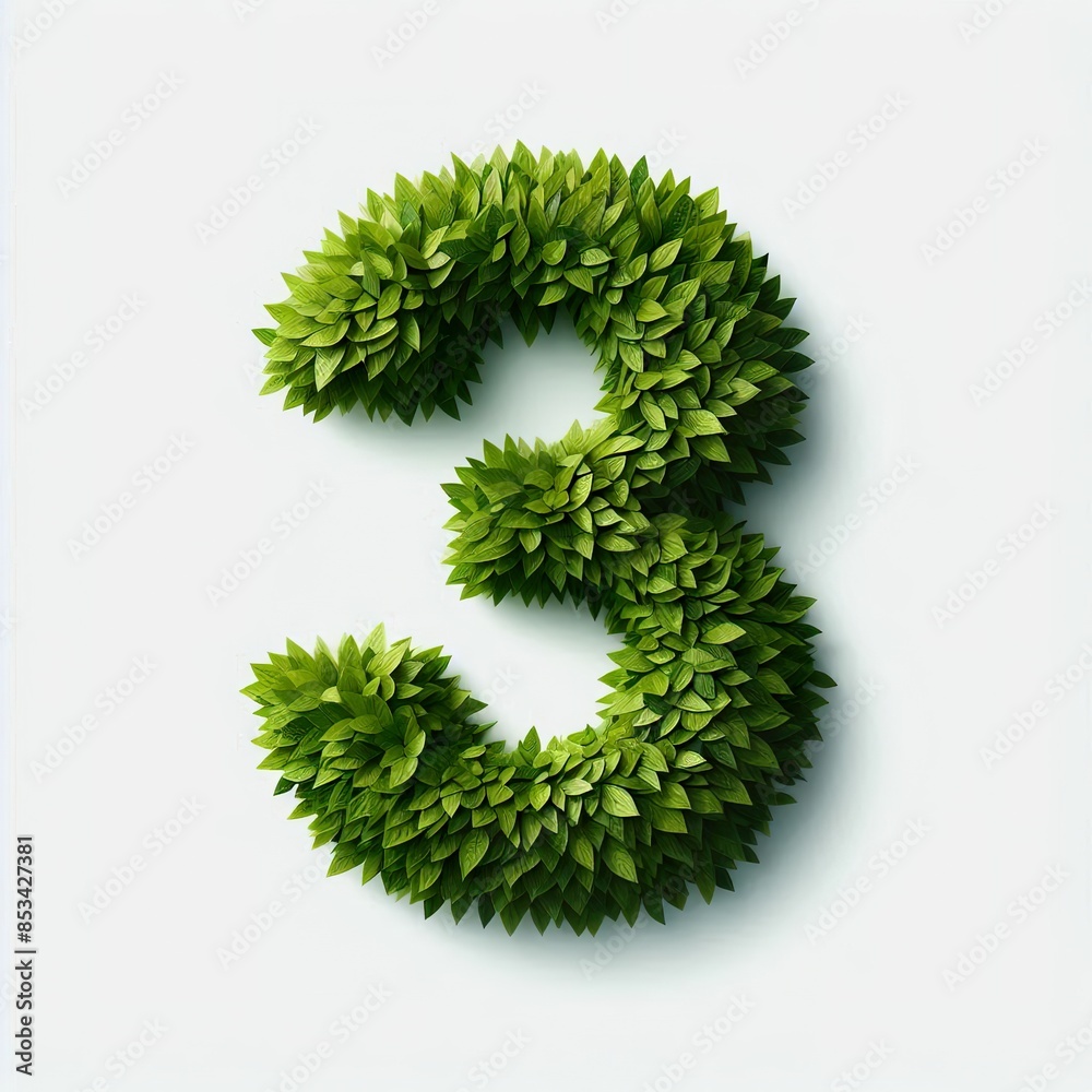 Number 3 made out of green leaves, white background Number 3 made out of green leaves, white background
