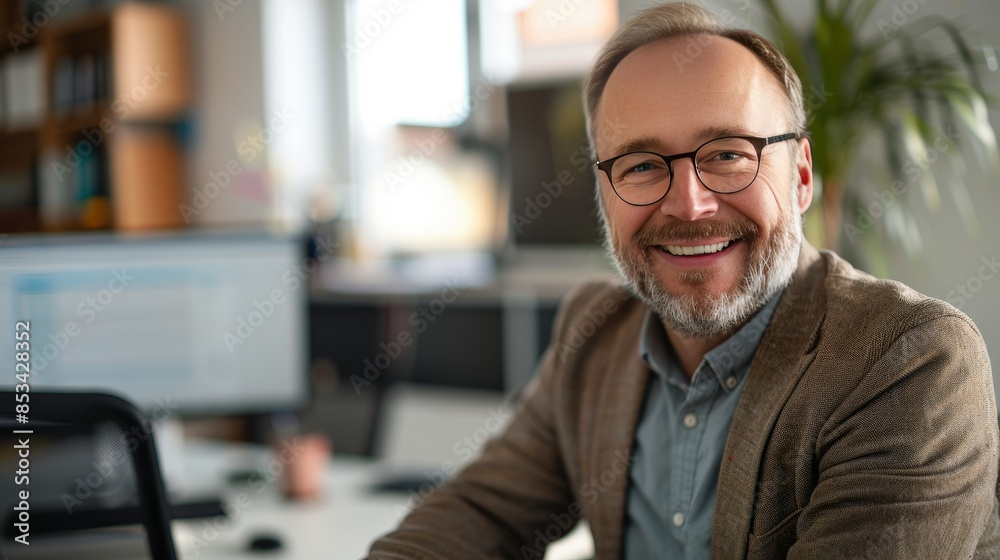 A happy business executive in his mid-40s, smiling confidently during a video conference in his office. A happy business executive in his mid-40s, smiling confidently during a video conference in his office.