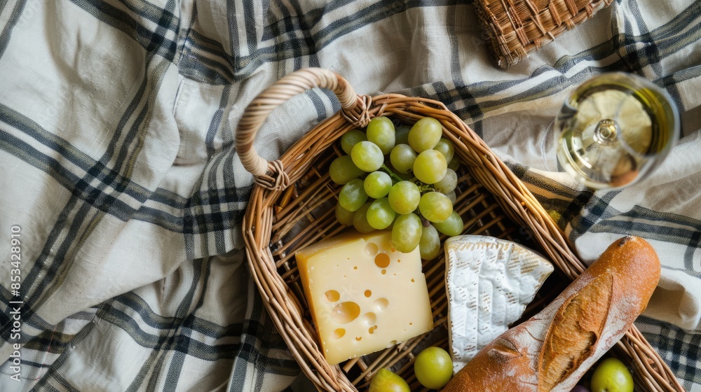 Naklejka premium A picnic featuring a bottle of wine, grapes, cheese, bread, and a glass of wine, all laid out on a tartan blanket. The natural foods complement the plantbased recipe perfectly AIG50