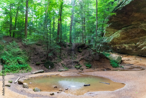 A tranquil scene at Hocking Hills State Park, Ohio, showcasing a small pond surrounded by lush greenery, tall trees, and rocky outcrops under a serene forest canopy. photo