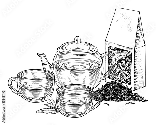 Tea cups and pot. Vector hand-drawn illustration. Glass mug with a pack of dry leaves sketch drawing. Black and white vintage art. Editable backgrounds. For kitchen prints and restaurant menus