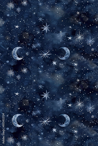 Cosmic wallpaper, dark navy with silver stars and planets, constellations, soft mystical lighting.