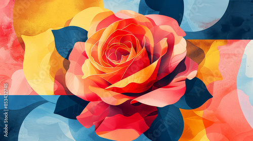 Large red and orange rose blooming on a colorful abstract background