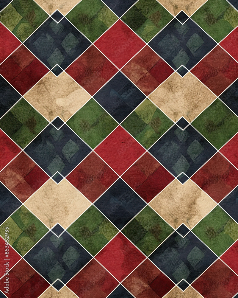 Traditional argyle pattern: red, green, blue diamonds, white lines, soft lighting.