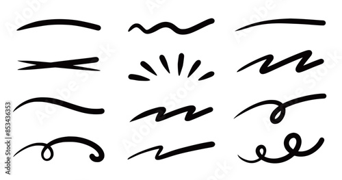 Squiggle brush scribble underline. Marker pen emphasis highlight swoosh stroke. Vector swoosh brush underline set for accent, marker emphasis squiggle element. Vector illustration