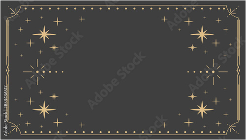 Golden celestial minimal esoteric frame, thin line border, mystyc linear decoration with dots, moon, stars corners isolated on dark background. Geometric shape, tarrot  photo