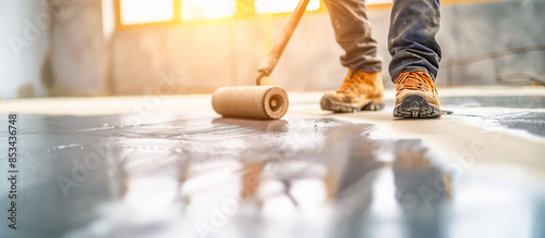 Construction worker using a roller to level a freshly poured concrete floor
