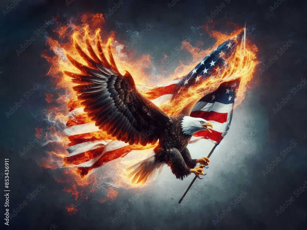 a bald eagle is on fire holding american flag, ai generated a bald eagle is on fire holding american flag, ai generated