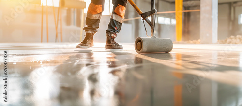 Construction worker using a roller to level a freshly poured concrete floor