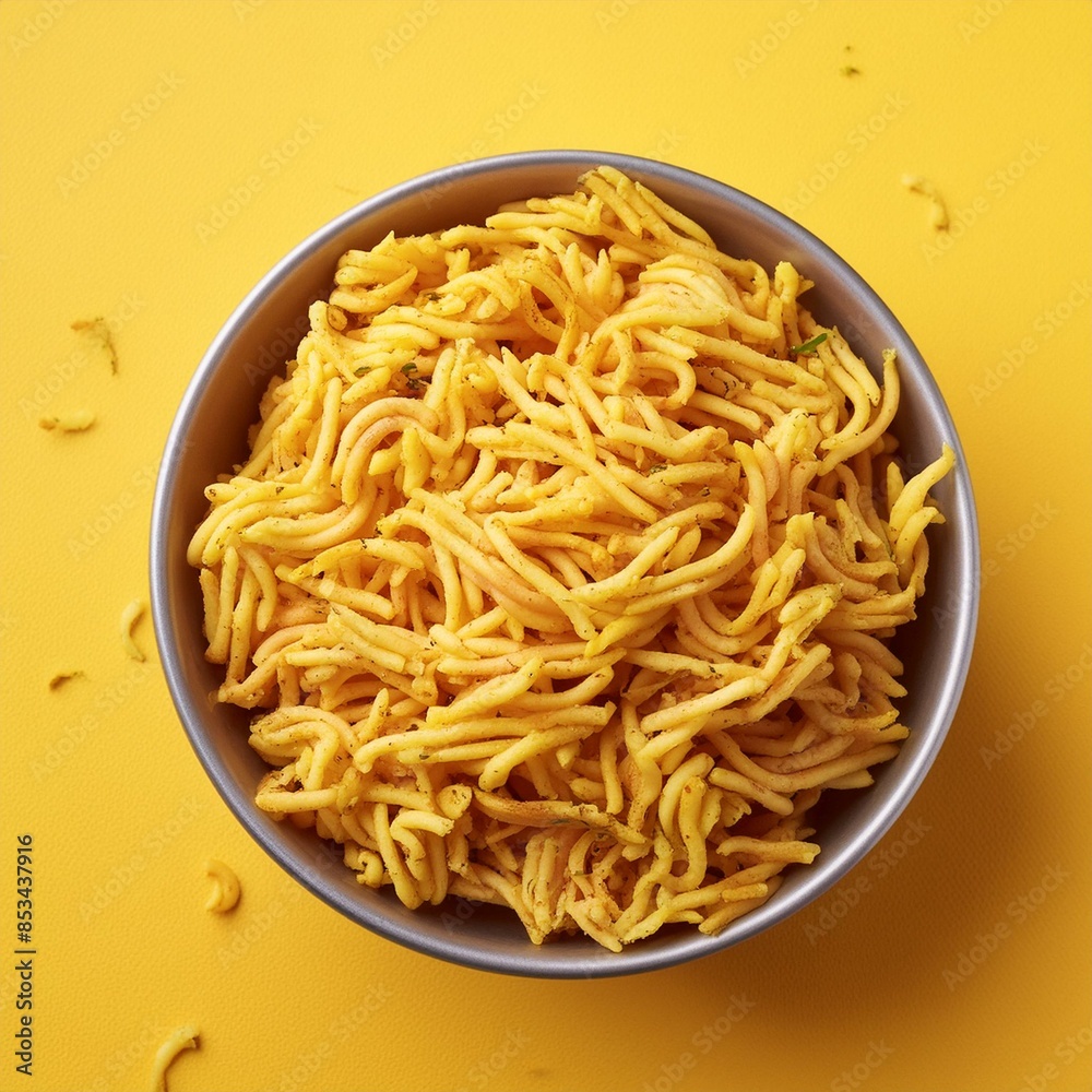 Indian namkeen food aloo bhujia on yellow background Indian namkeen food aloo bhujia on yellow background