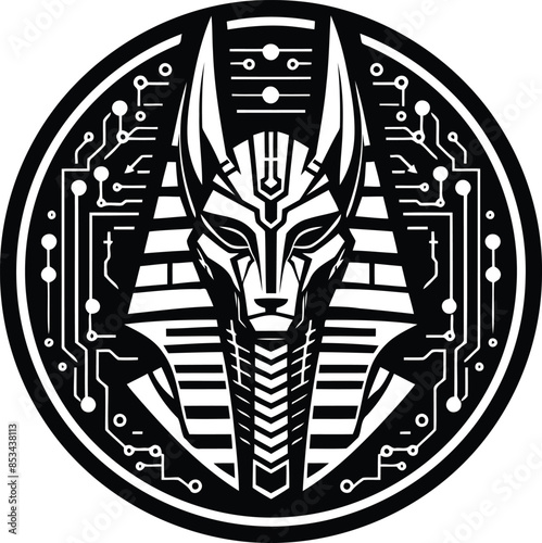 anubis silhouete with cyberpunk pattern illustration
