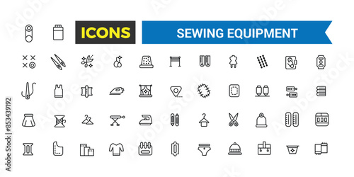 Sewing equipment and needlework icon set. Outline icons pack. Editable vector icon and illustration.