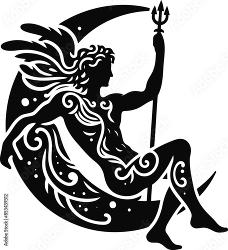 apollo greek deity in silhouete with bohemian nature pattern illustration