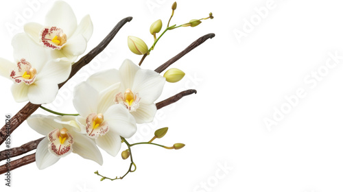 Fresh aroma orchid vanilla with sticks on white background