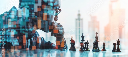 Entrepreneur presenting strategy plans, chessboard and charts in double exposure, with soothing hues to enhance focus in the office photo