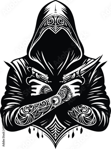 assasin in silhouete with bohemian nature pattern illustration