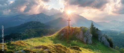 A cross on a hill with the sun breaking through clouds, symbolizing hope and divine presence