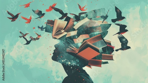 A digital illustration of books turning into birds as they fly from a person's head, symbolizing the freedom of thought and the dissemination of knowledge