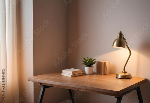 Modern home with empty desk, lamp, light and window. lofty, soft lighting. lamp 