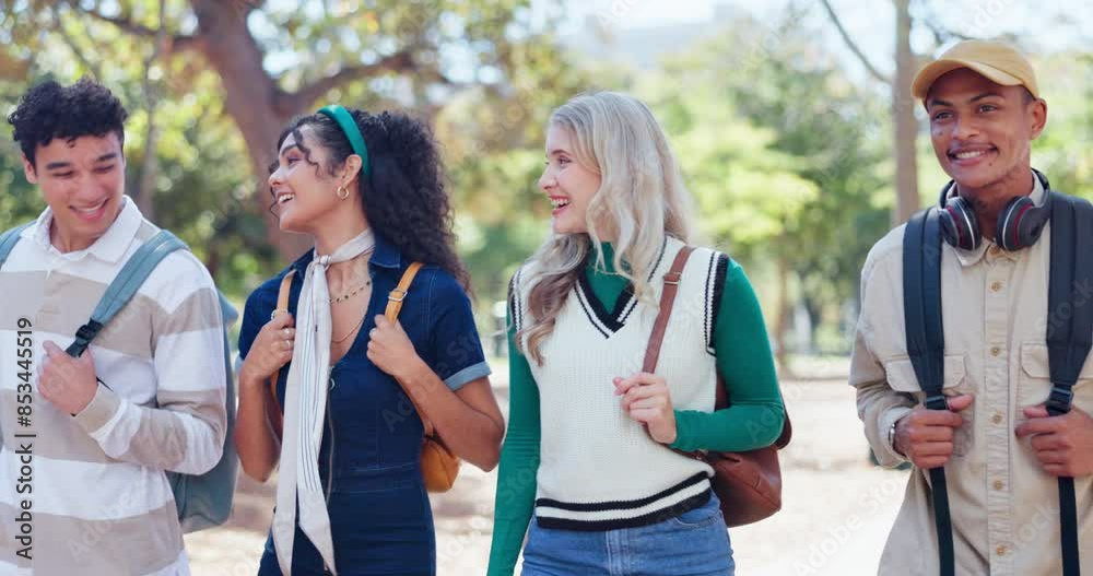 Students, diversity and outdoor as people, walking and backpacks with smile, campus or university. Friends, happy and talking for exam, education and scholarship in learning, college or school in USA Students, diversity and outdoor as people, walking and backpacks with smile, campus or university. Friends, happy and talking for exam, education and scholarship in learning, college or school in USA
