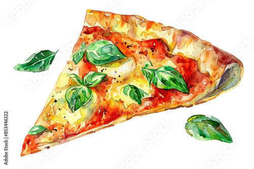 A slice of pizza with basil leaves, isolated on transparent background