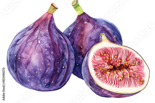 Fresh figs isolated on white background. Watercolor hand drawn illustration, isolated on transparent background