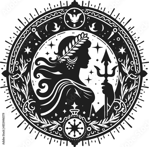 athena in silhouete with bohemian nature pattern illustration