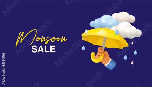 Monsoon sale web banner template. Yellow umbrella in hand, clouds and drops. Vector 3d poster mockup background, rain autumn illustration, discount promotion with cute cartoon design