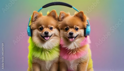 Two Pomeranian Dogs Wearing Headphones and Colorful Fur