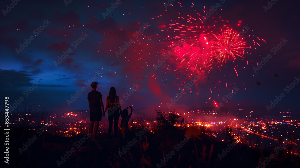 Family Watching Fireworks Show Over City at Night Family Watching Fireworks Show Over City at Night