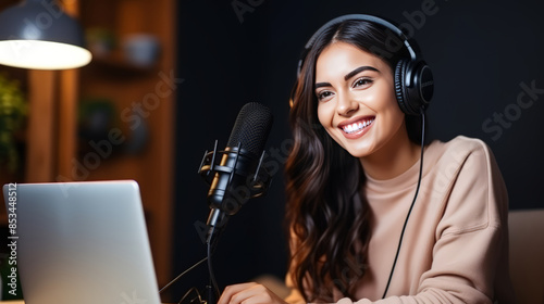 A Young positive woman podcaster making a podcast at home studio, A Bloggger, voice over, talk to audience