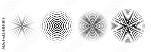 Black radial circle set. Sonar or sound wave ring collection. Halftone and linear epicentre, target, radar icon concept. Ripple concentric signal vibration elements. Vector dashed and dotted symbols