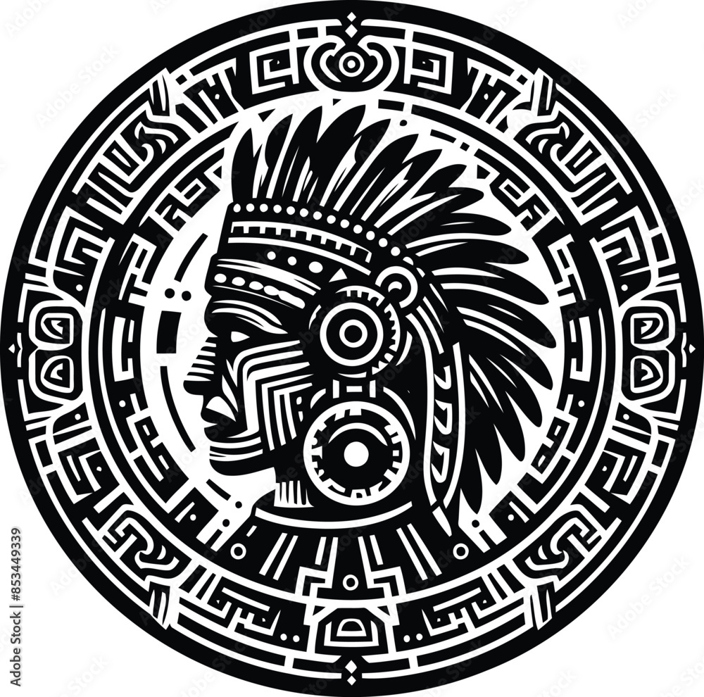 aztec warrior in silhouete with bohemian nature pattern illustration aztec warrior in silhouete with bohemian nature pattern illustration