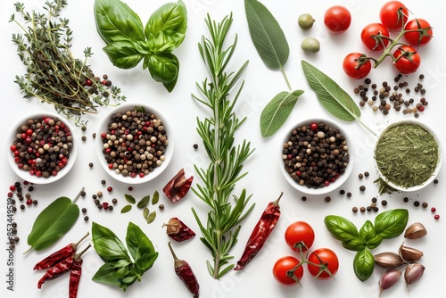 Healthy Organic Ingredients, Top Down View of Fresh Food Herbs Spices and Vegetables, Culinary Kitchen Concept Wallpaper, Menu Recipe Cookbook Background, Mise en place Photo Backdrop Design  photo