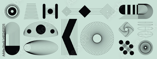Hand drawn abstract minimal element mid century vector set. Aesthetic contemporary stripe line art, geometric shape in monochrome, black and white. Art form design for wall art, decoration, wallpaper.