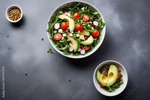 Diet and healthy salad of fresh vegetables with tomatoes, arugula, avocado and radish in a bowl. Vegan food. Flat lay. Banner. Top view