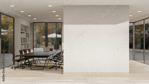 Fototapeta Naklejka Na Ścianę i Meble -  The interior design of a contemporary meeting room corridor features an empty white wall.