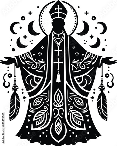 bishop Christianity in silhouete with bohemian nature pattern illustration