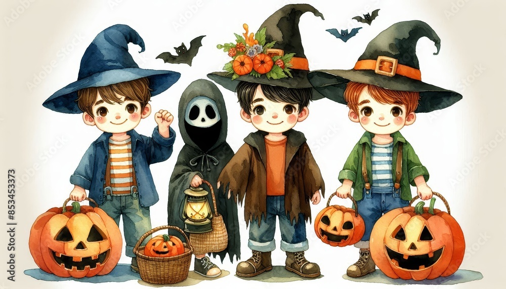 Cute Kids Dressed Up For Halloween Trick-or-Treating - Three adorable children in Halloween costumes are trick-or-treating. One is dressed as a ghost, another as a witch, and the last one as a wizard. Cute Kids Dressed Up For Halloween Trick-or-Treating - Three adorable children in Halloween costumes are trick-or-treating. One is dressed as a ghost, another as a witch, and the last one as a wizard.