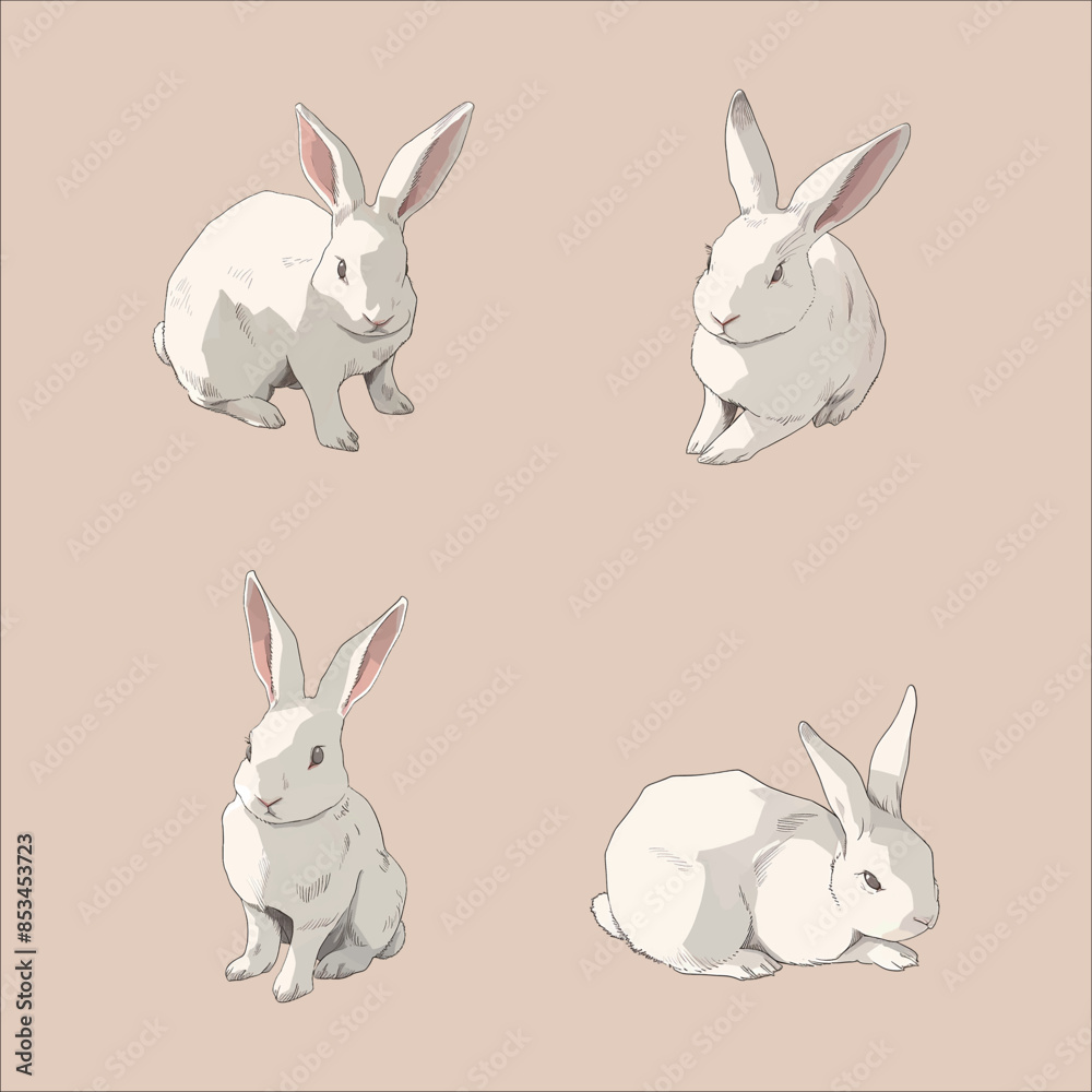Fluffy White Rabbit in Various Actions Fluffy White Rabbit in Various Actions