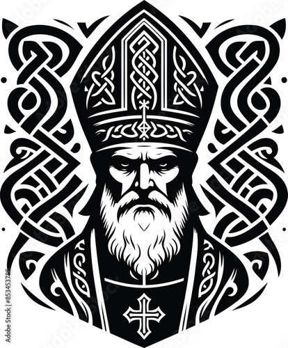 bishop Christianity in silhouete with celtic knot pattern illustration