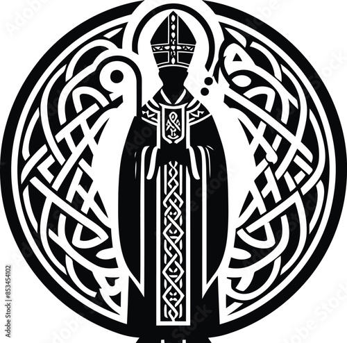 bishop Christianity in silhouete with celtic knot pattern illustration