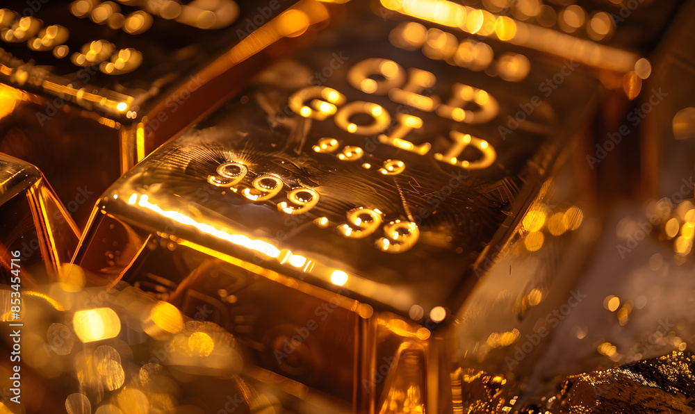 Close-up of gold bars with intricate engravings, reflecting ambient light, symbolizing luxury and stability Close-up of gold bars with intricate engravings, reflecting ambient light, symbolizing luxury and stability