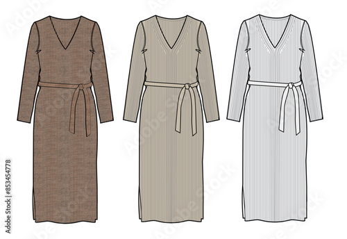 ai-v neck belted slit rib dress