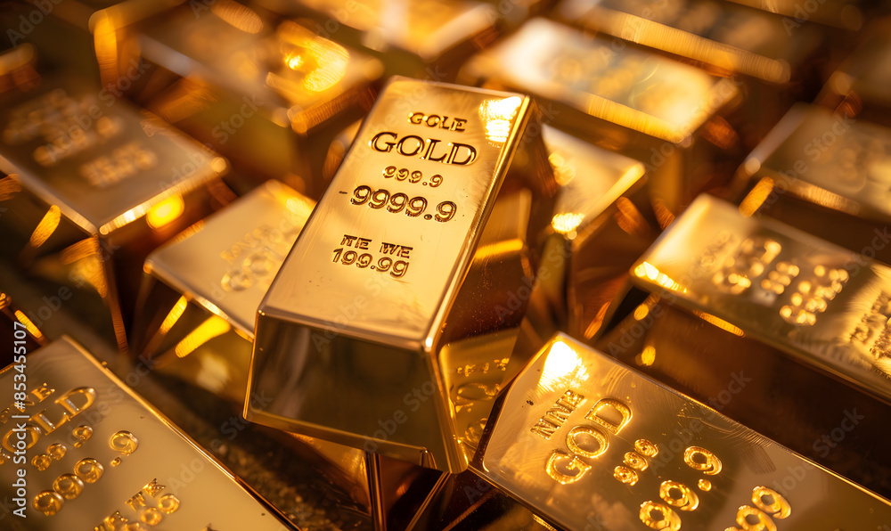 Close-up of gold bars with intricate engravings, reflecting ambient light, symbolizing luxury and stability Close-up of gold bars with intricate engravings, reflecting ambient light, symbolizing luxury and stability