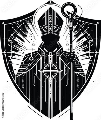 bishop Christianity silhouete with cyberpunk pattern illustration