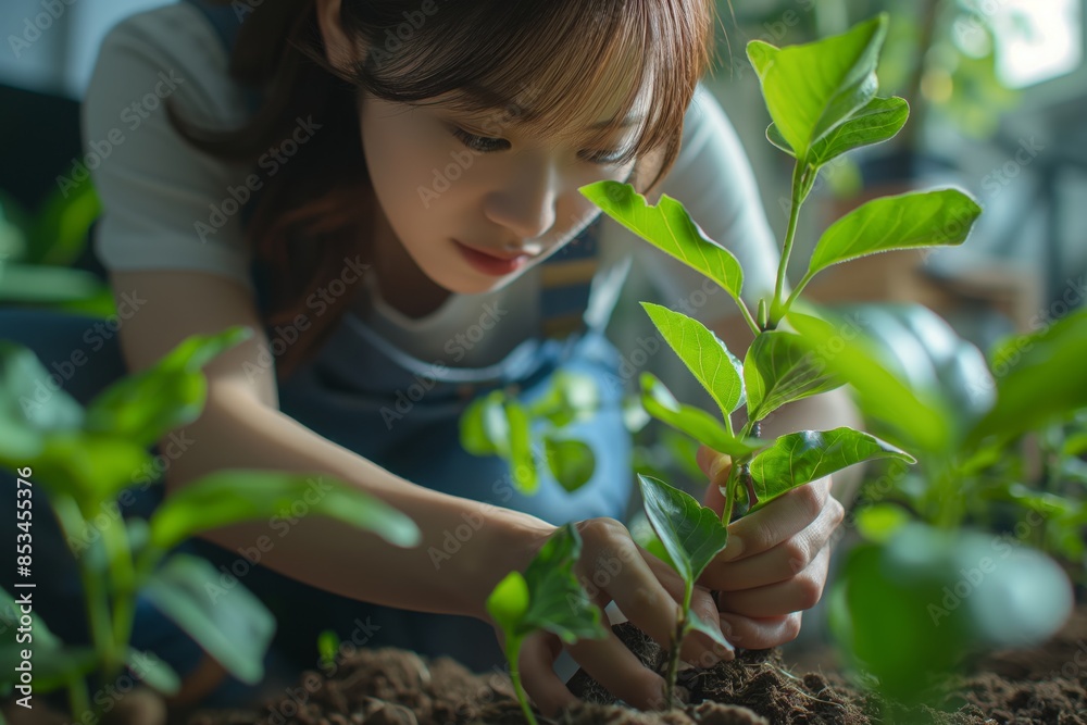Indoor plant care activity, with a person's hands gently holding a green plant Indoor plant care activity, with a person's hands gently holding a green plant