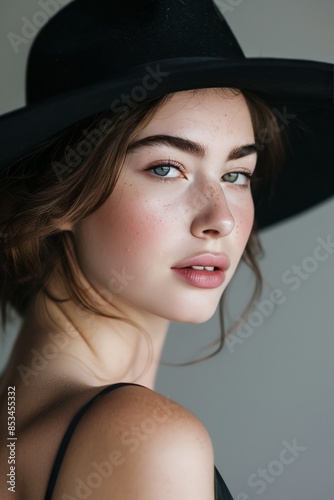 Classic beauty portrait with a modern twist, featuring a woman in a sleek black hat. Flawless makeup focuses on a radiant complexion, subtle eye makeup, and soft, pink lips.