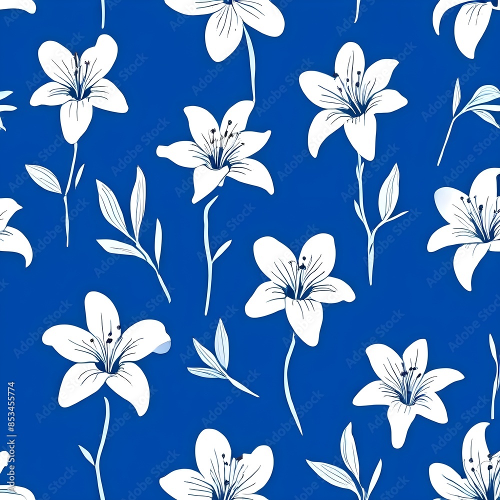 Blue background with white floral pattern ideal for vibrant interiors wallpaper designs Blue background with white floral pattern ideal for vibrant interiors wallpaper designs