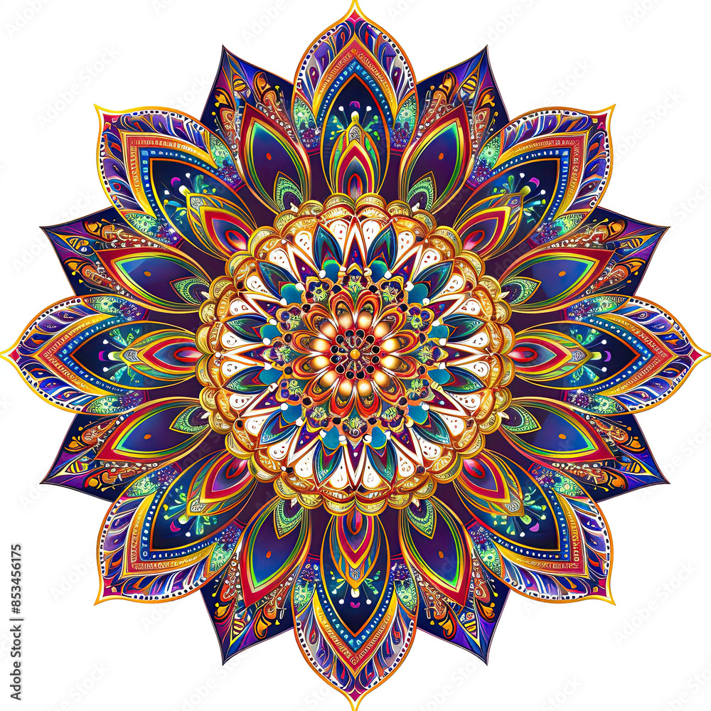 Symmetrical and colorful mandala, detailed geometric patterns glowing on a white background.
